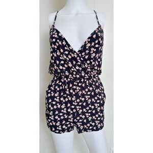 Mimi Chica Romper Spaghetti Strap Black & Pink Floral With Pockets - XS